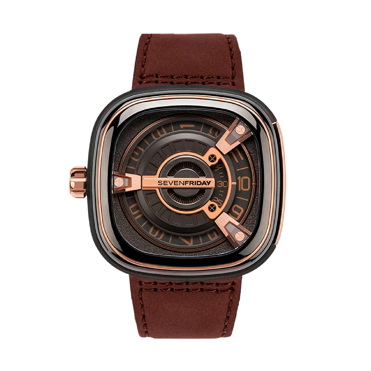 SEVENFRIDAY M2/02 with copper details and brown leather strap